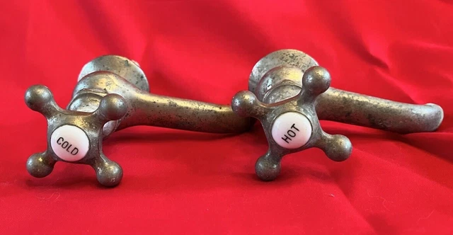 Vintage Antique Salvage Faucet Hardware Hot Cold Porcelain Metal Handles Binary