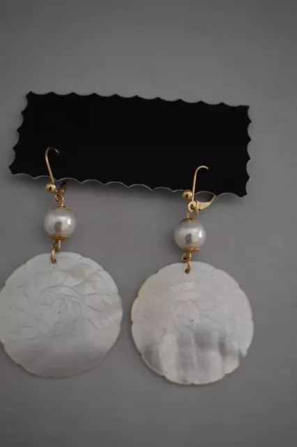 14K Gold Earrings with 19th Century Chinese MOP Gaming Chips