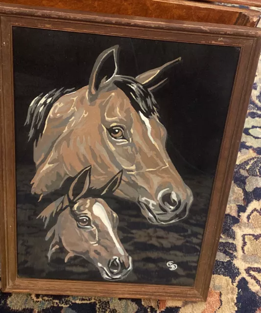 Vtg Paint By Numbers PBM Brown Horse & Young Colt Black Back Wooden Frame 15x11”