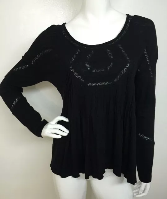 Free People Women's Black Hope Lace Trim Pintuck Pleats Tunic Top Blouse M NWT