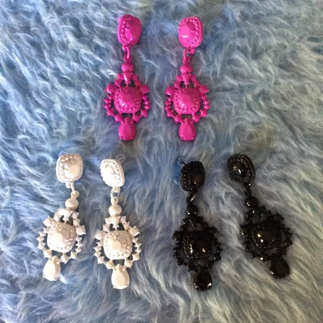 Ornate GOTHIC Victorian STYLE Drop EARRINGS Coated METAL Pink BLACK White 63mm