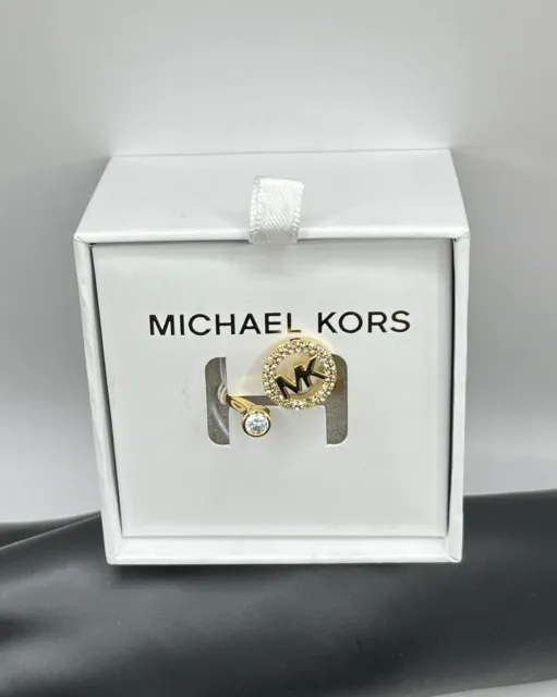 MICHAEL KORS Gold Tone MK Logo & Crystal Adjustable Size 8 Open Ring NEW