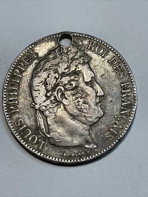 1839-B France Silver 5 Francs Holed