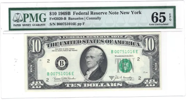 1969 B $10 New York Federal Reserve Note Fr# 2020-B PMG GemUNC-65 EPQ Y00008943