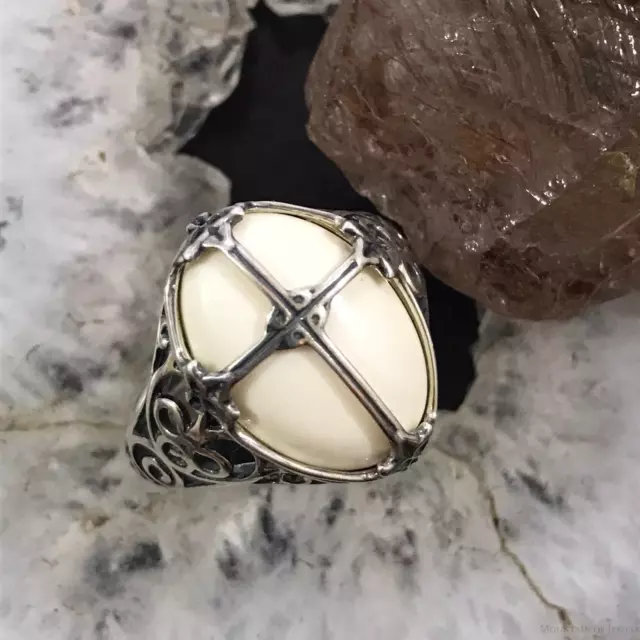 Carolyn Pollack Sterling Oval White Jasper Decorated Cross Ring Sz 12 For Women