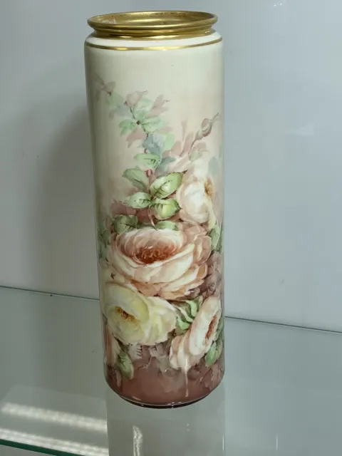 Antique/ Vintage Belleek Willets Hand Painted Pink Roses Cylinder Vase 12.5”