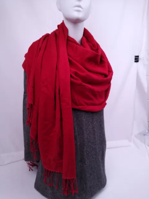Bajra Handwoven Wrap Scarf with Fringe Red Pashmina/Silk Blend 36X79