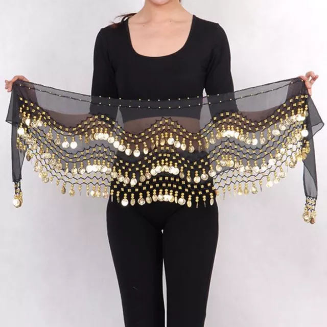 3 Rows Gold Coins Belt Belly Dance Costume Black Hip Scarf Dancing Skirt Wrap