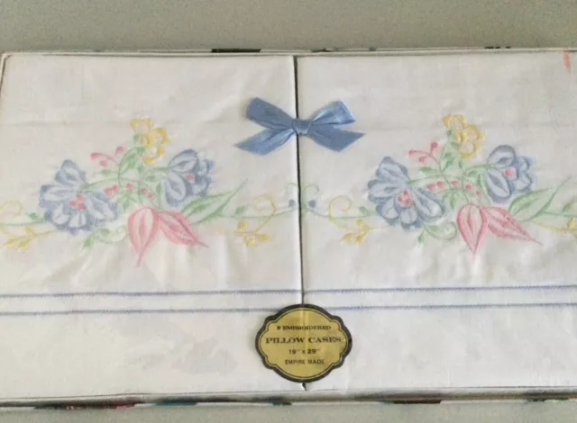 Vintage Boxed New Two Empire Made Embroidered Pillowcases