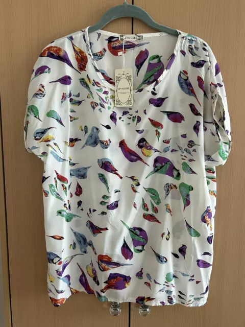 Ladies White Top/blouse With Coloured Bird Pattern - Size XXL - Brand New