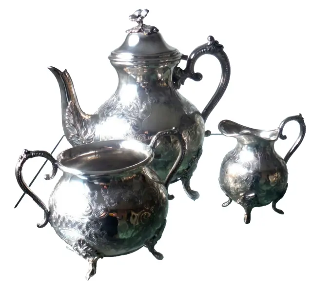 Gleaming Victorian Antique Silver Plated Ornate 3Pc Tea Set