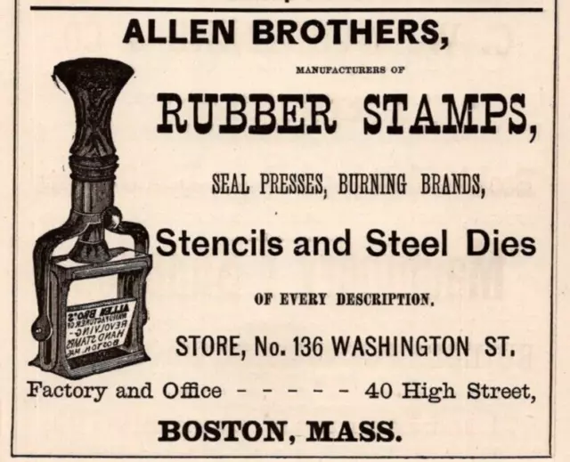 1881 Allen Brothers Rubber Stamps Stencils Steel Dies BOSTON MA 3.5" Print Ad