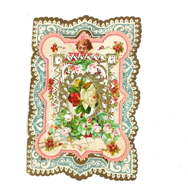 ANTIQUE VICTORIAN VALENTINE'S Day Greeting Card Die Cut Layered Poem