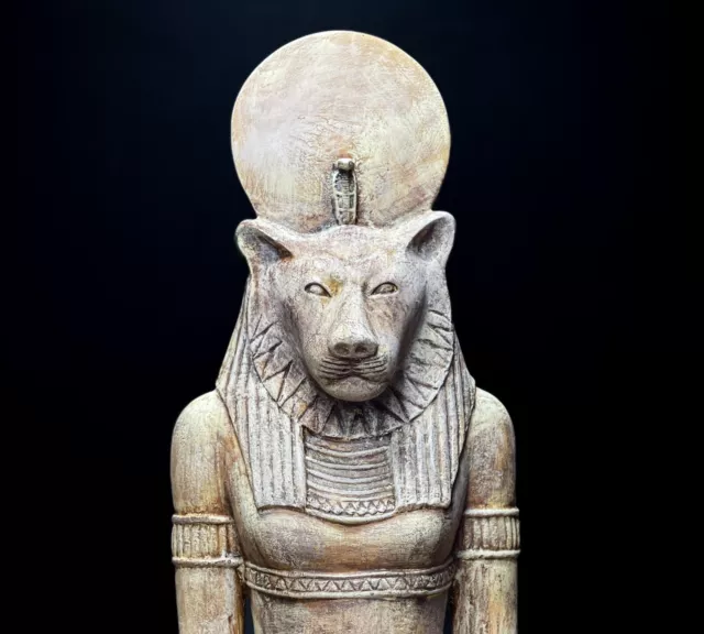 Ancient Egyptian Lion Goddess Sekhmet Statue Wearing A Sun Disc with the Cobra