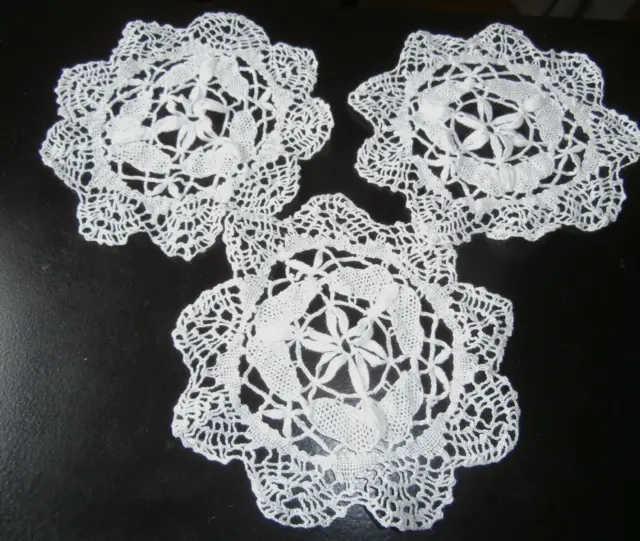 Three Vintage White Cotton Hand Worked Maltese Lace Table Mats/Doilies~5"