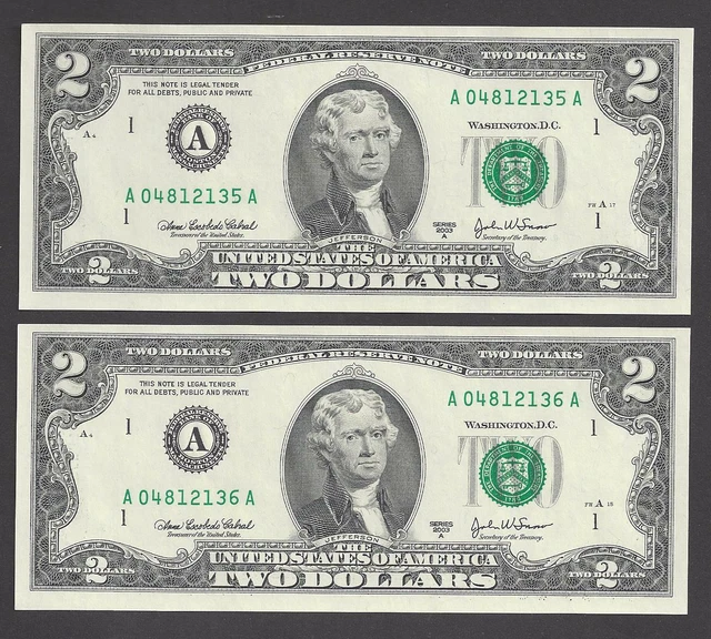 Two Consecutive $2 Federal Reserve Notes 2003A (A-A), Unc