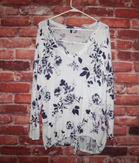 Olivia Sky Womens Top Size 1X White/Purple Floral Print Drawstring Waist V Neck