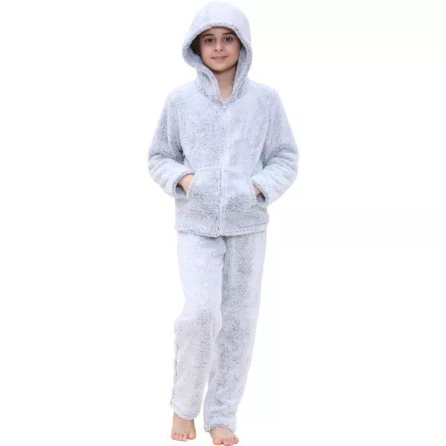 Kids Boys Girls Plain Pyjamas Extra Soft Grey Zipped Top Flannel Fleece PJS Sets