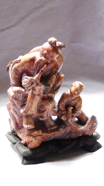 ANTIQUE 19c CHINESE HARD STONE (SHOUSHAN?)HAND CARVED STATUE OF OLD MAN AND BOY