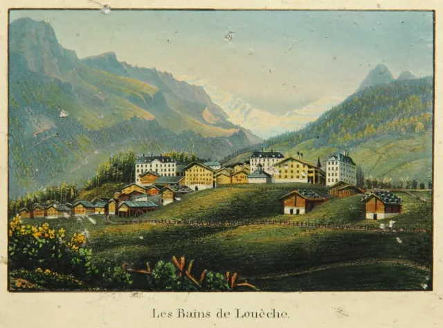 R. DICKENMANN (*1832), Leukerbad im Kanton Wallis, Aquatinta Romantik Architektu