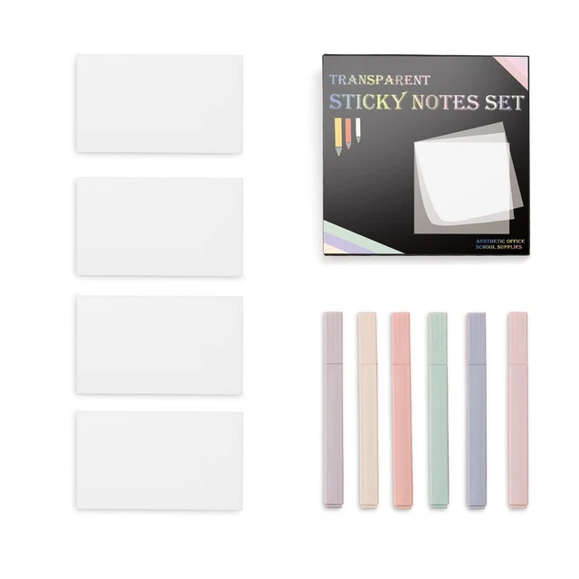 Transparent Sticky Notes With Aesthetic Pens Gift Set 4 Pads White 3"X5" Clear