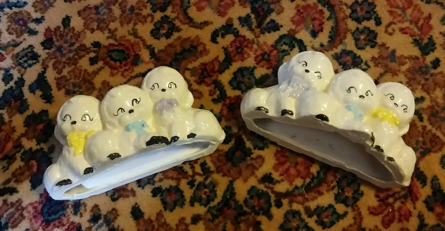 015 Vintage Set Ceramic Sheep Trio Nursery Easter Bookshelf Yellow Blue Purple