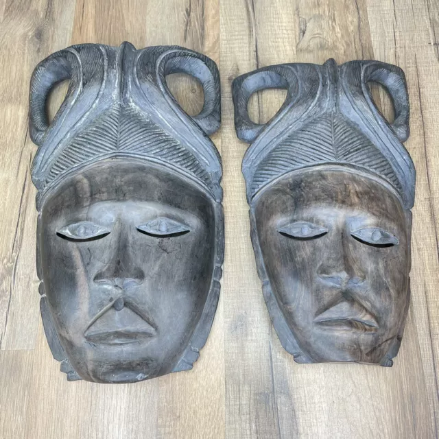 African Tribal Woman Face Mask Hand Carved Wood Wall Art Set Of 2 Vintage Heavy