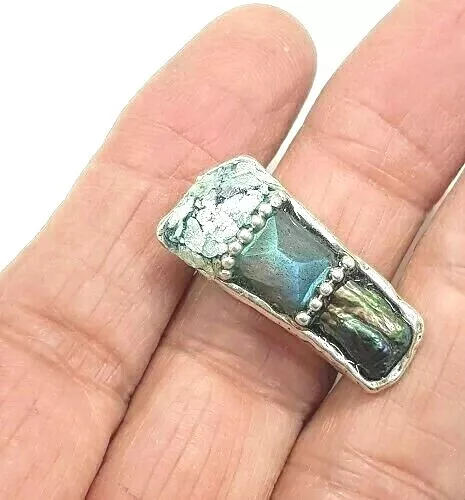 Roman Glass Silver 925 Ring Gemstones Abstract Antique Fragment 200 B.C Size:8