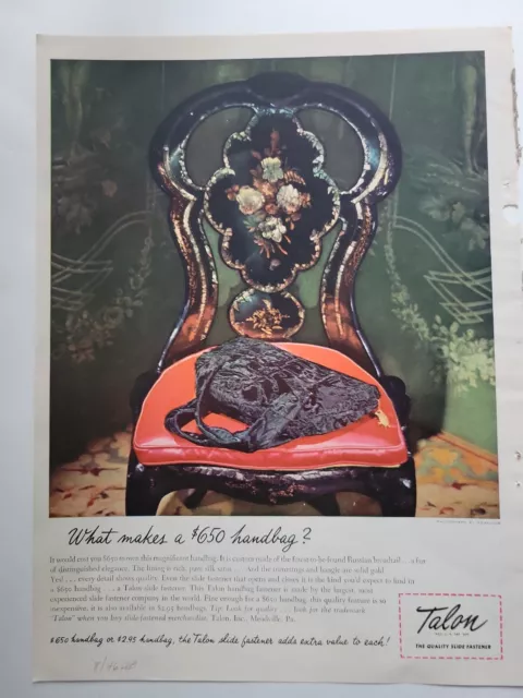 1946 black handbag purse red leather chair Talon zipper vintage ad