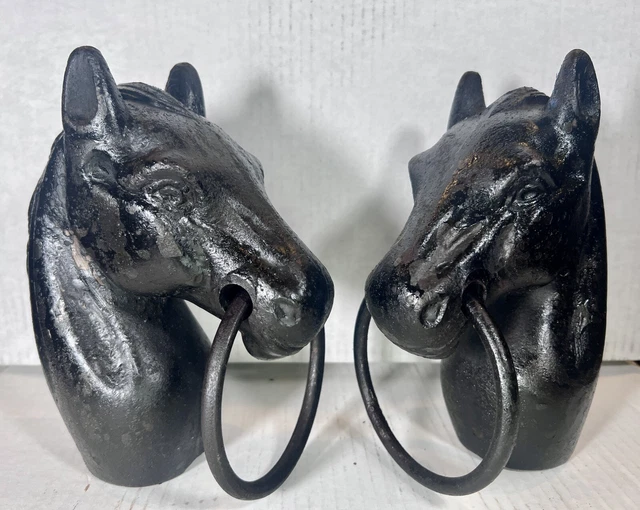 Pair Antique Cast Iron Horse Heads with rings Hitching Post Tie Down Fence Top