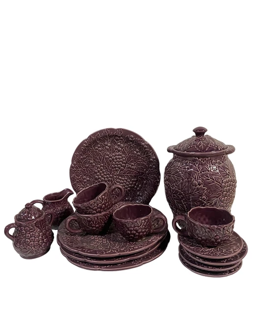Ceramic Vintage Purple 4 Place Setting Dish Set with Grape and Vine Design