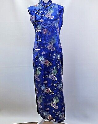 VTG Chinese Cheongsam Dress Long Blue Floral Print Dress SZ4-6? Cosplay