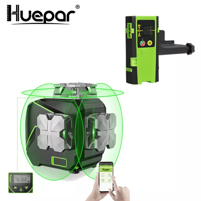 Huepar S03CG Kreuzlinienlaser im Koffer mit Bluetooth, 3 x 360° grün + Empfänger