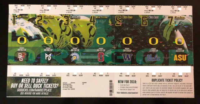2018 Oregon Ducks Football Collectible Ticket Stub - Choose Any Home Game