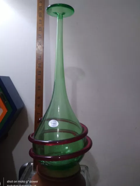 Large Murano  green with red trailing  Studio Art Glass Vase - 16" High