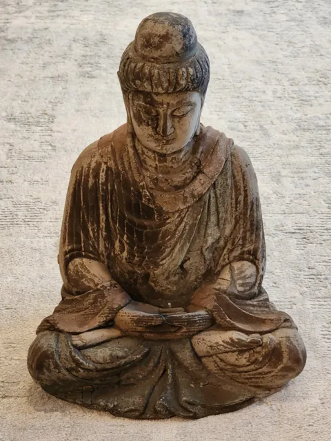 19th Century Antique Asian Wooden Buddha Statue Carved Camphor Wood 16" Tall