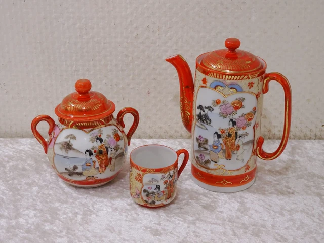 3 tlg. Konvolut Japan Design Porzellan Geishas Reiher Handbemalt - Vintage