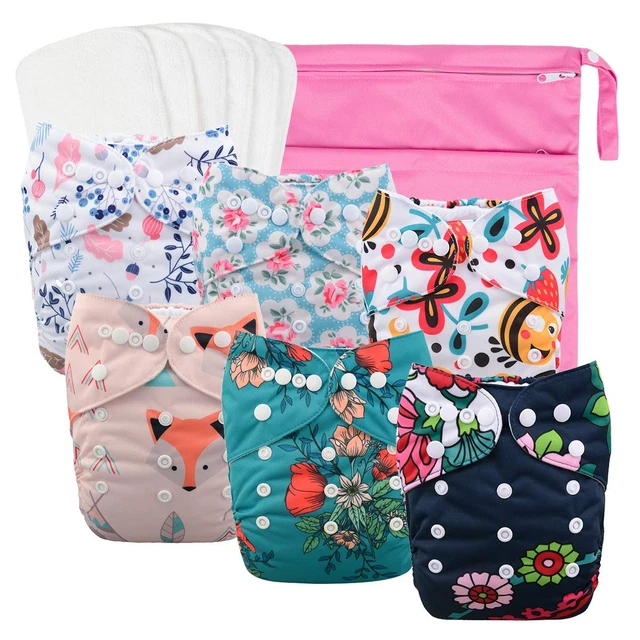 Reusable Cloth Diapers For Girls, Adjustable Washable Nappy 6pcs+ Microfiber Wet