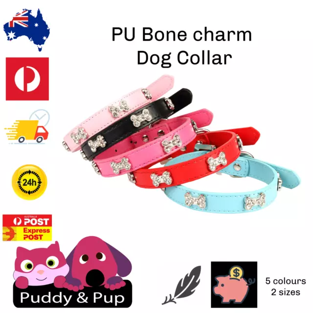Dog Collar Puppy PU Adjustable Rhinestone Bone Charm pink blue red black 2 sizes