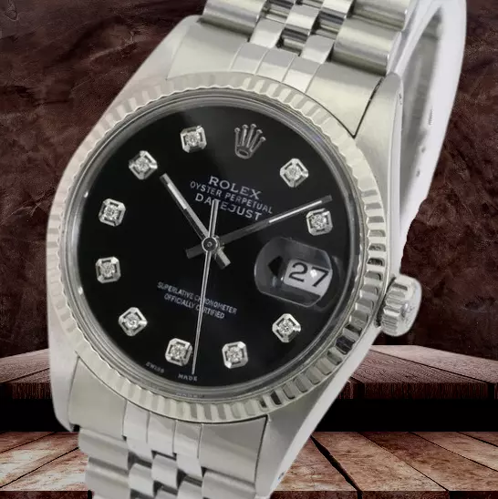 Rolex Mens Datejust Steel Black Diamond Dial Fluted Bezel 36Mm Automatic Watch