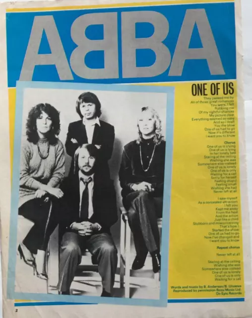 ABBA - ONE OF US - Full page lyric poster from a magazine 1981