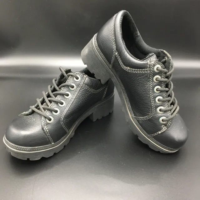 HARLEY DAVIDSON Tia Oxford Sz 7.5 Shoes Black Leather Lace Block Heel Steel Toe