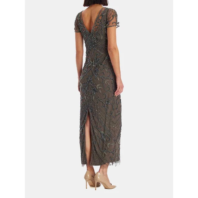 PISARRO NIGHTS Long Beaded Dress Aluminium Evening Gown V-Neck Lined Size 2