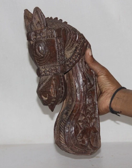 1900's Old Wooden Handcrafted Unique Shape Wall Hanging Horse Face Figurine