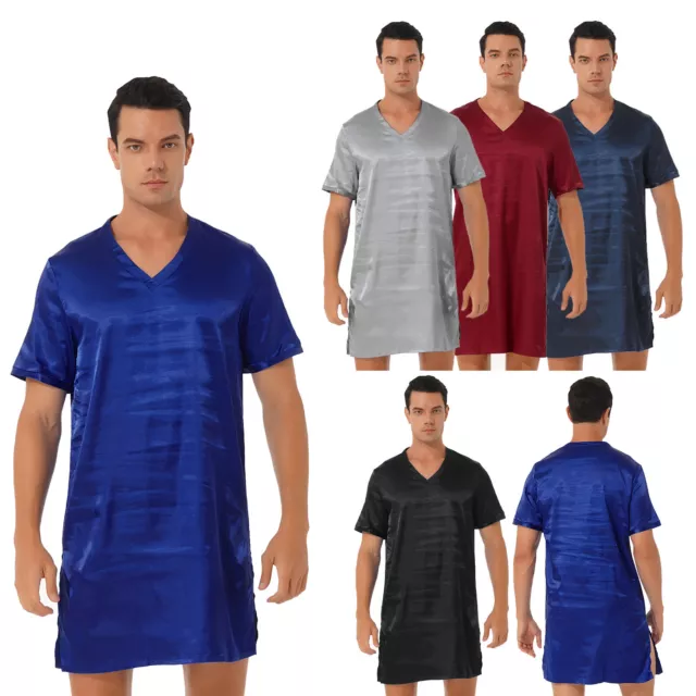 Men's Nightshirt Satin Nightwear V Neck Short Sleeve Loose Pajama Sleep Shirt