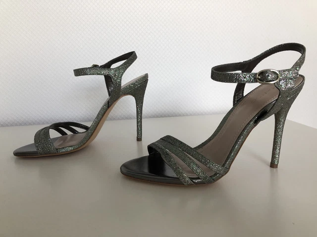 SANDALES À TALON paillettes gris vert Mango MNG 38 glitter silver