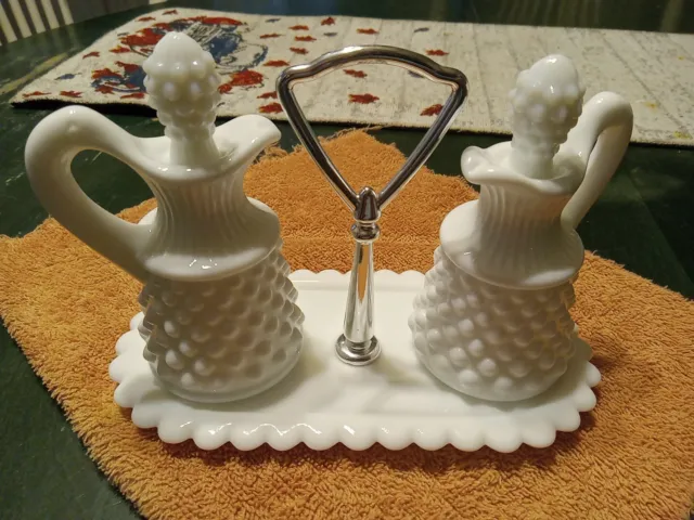 Vintage Fenton Hobnail White Milk Glass Oil & Vinegar Cruet Set, Tray, Stoppers