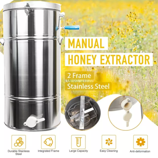 2-Frame Manual Honey Extractor Spinner, Beekeeping Equipment Stainless Steel NEW