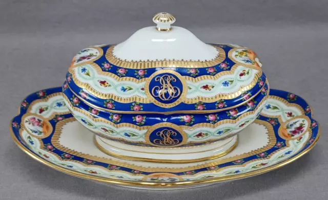 Boyer Old Paris Hand Painted Monogrammed Floral Cobalt & Gold Sauce Tureen A