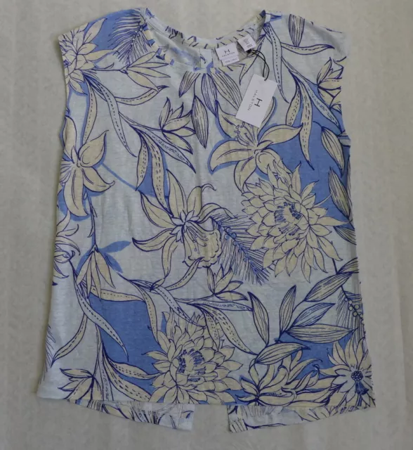 NWT H HALSTON 100% Linen Slub Knit Button back Tee M/L in Blue Floral  Print